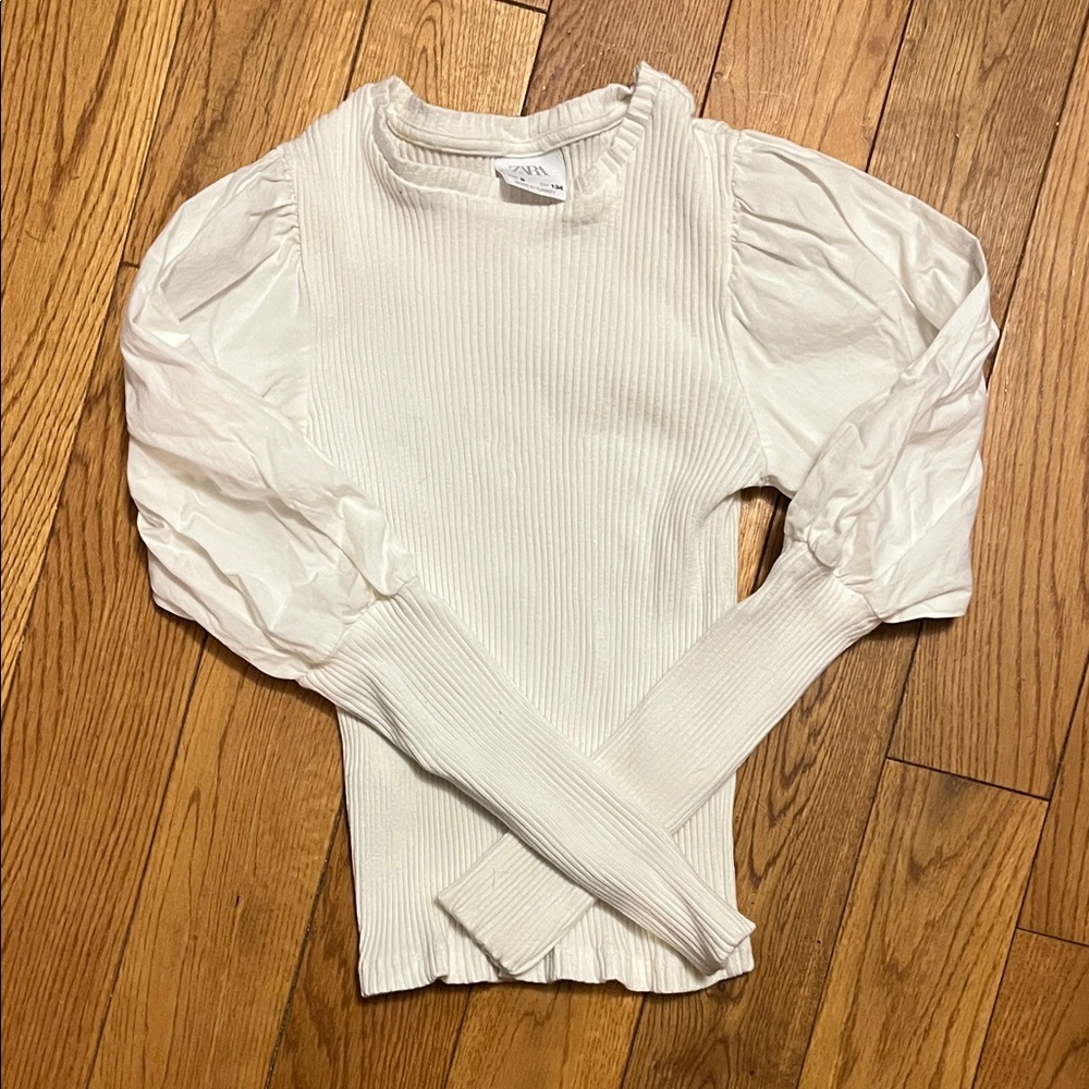 Zara White Ribbed Puff Sleeve Top 100% cotton girls long sleeve shirt size 9